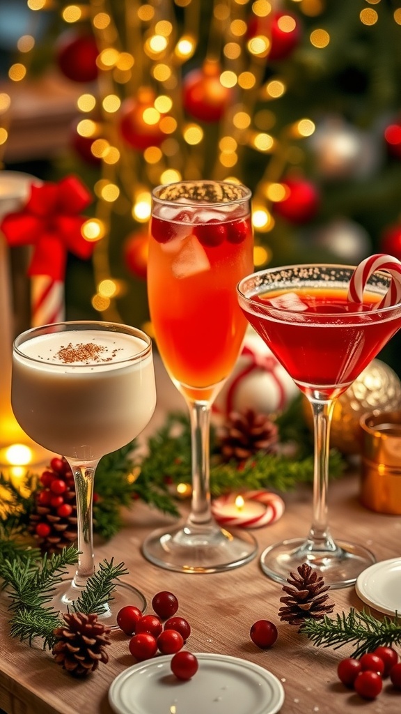 A collection of Christmas cocktails including eggnog, cranberry mimosa, and peppermint martini on a festive table.